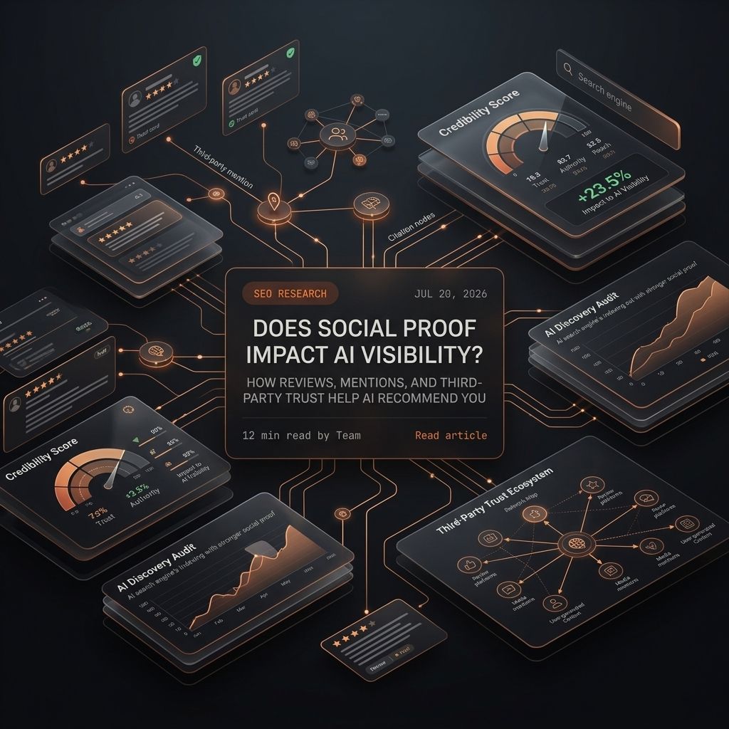 Premium futuristic SavageAudit dashboard showing social proof signals, reviews, third-party mentions, and AI recommendation trust networks