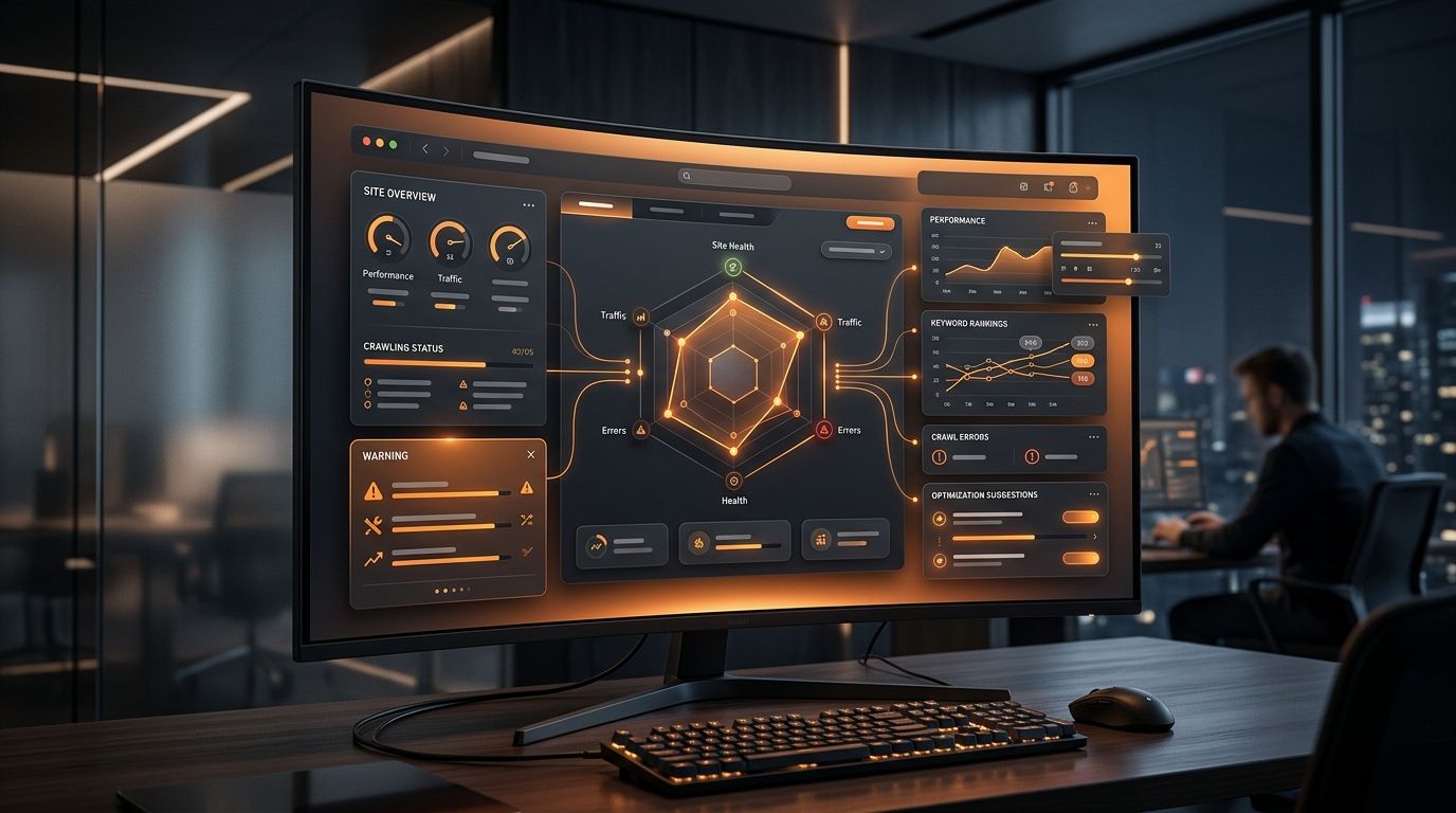 Abstract dark Google Search Console SEO audit dashboard with orange analytics panels
