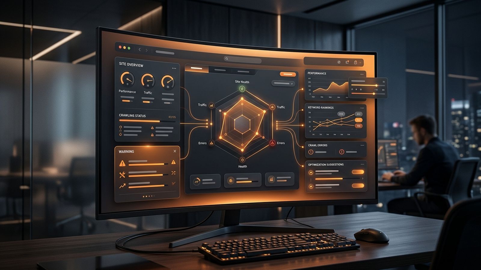 Abstract dark Google Search Console SEO audit dashboard with orange analytics panels Abstract dark Google Search Console SEO audit dashboard with orange analytics panels