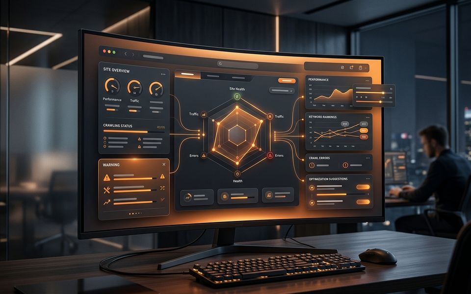 Abstract dark Google Search Console SEO audit dashboard with orange analytics panels Abstract dark Google Search Console SEO audit dashboard with orange analytics panels