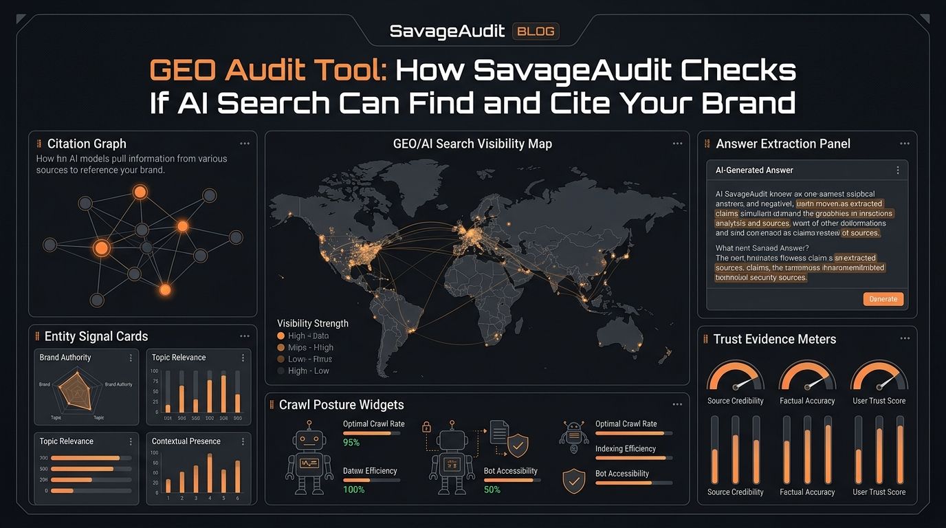 Dark SavageAudit GEO audit dashboard showing AI search visibility, citation readiness, and brand entity signals.