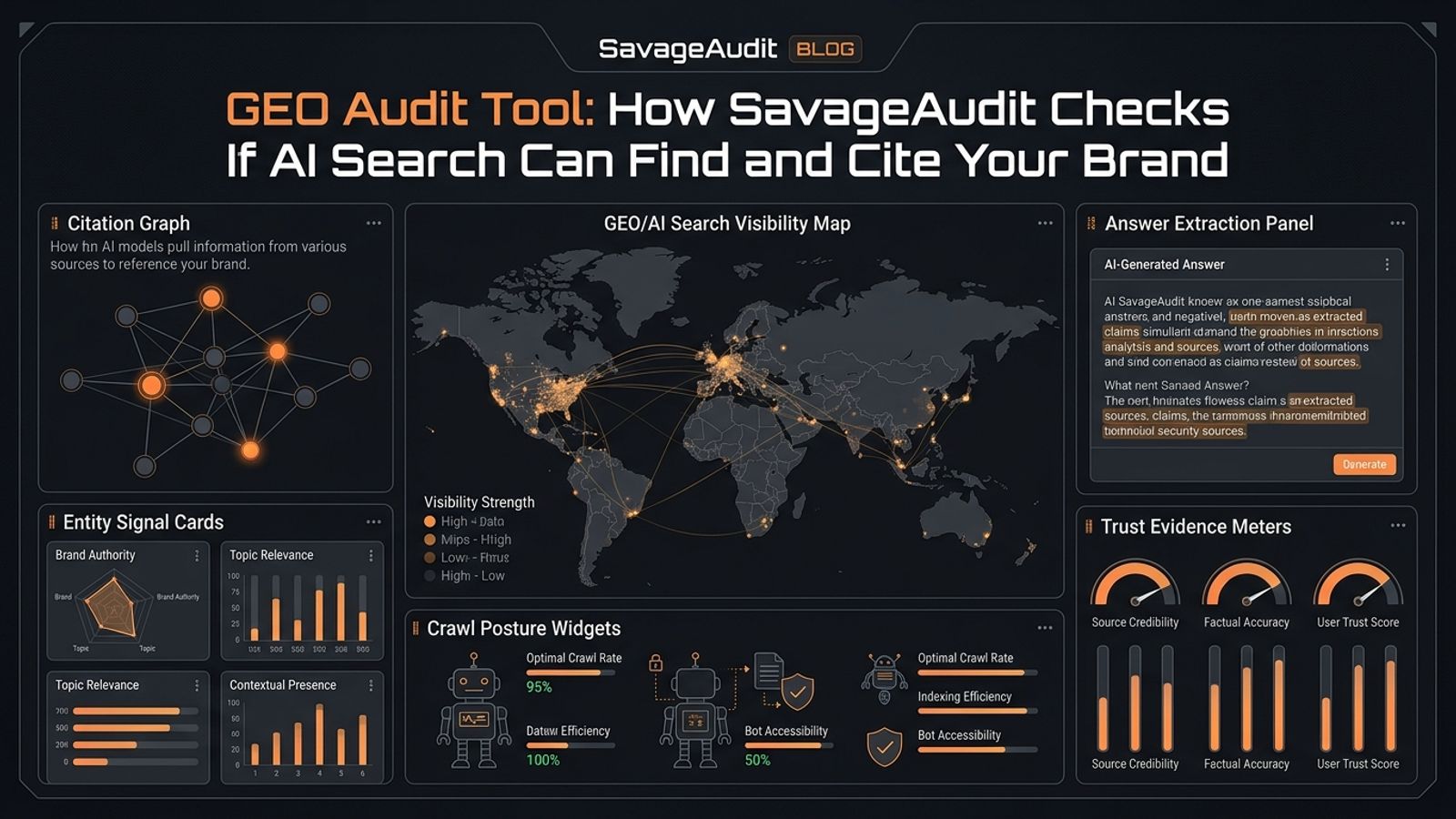 Dark SavageAudit GEO audit dashboard showing AI search visibility, citation readiness, and brand entity signals. Dark SavageAudit GEO audit dashboard showing AI search visibility, citation readiness, and brand entity signals.