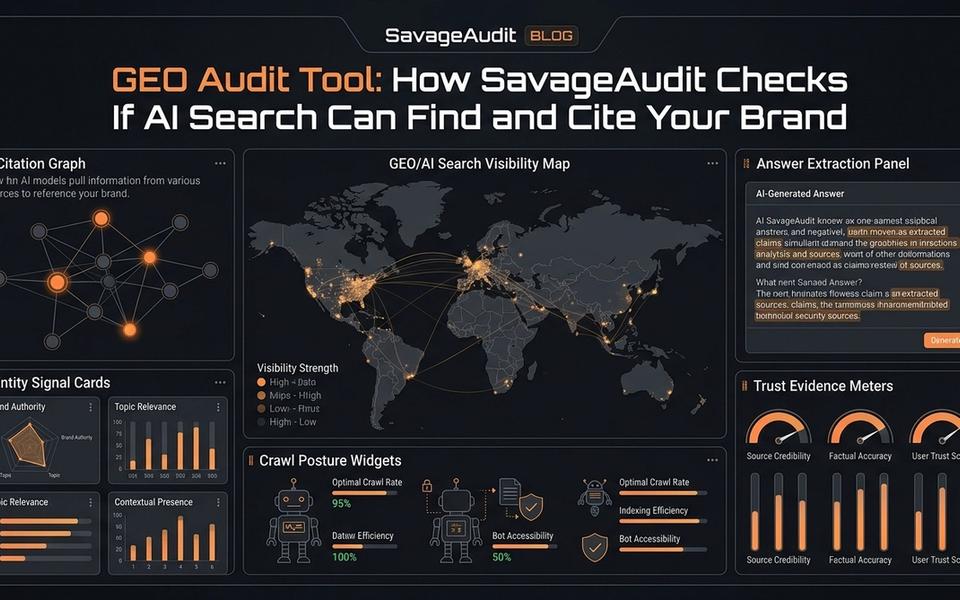 Dark SavageAudit GEO audit dashboard showing AI search visibility, citation readiness, and brand entity signals. Dark SavageAudit GEO audit dashboard showing AI search visibility, citation readiness, and brand entity signals.