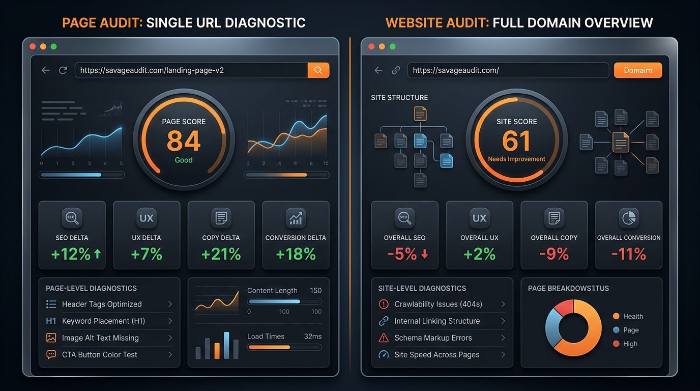 Dark SavageAudit dashboard comparing a single page audit with a full website audit.