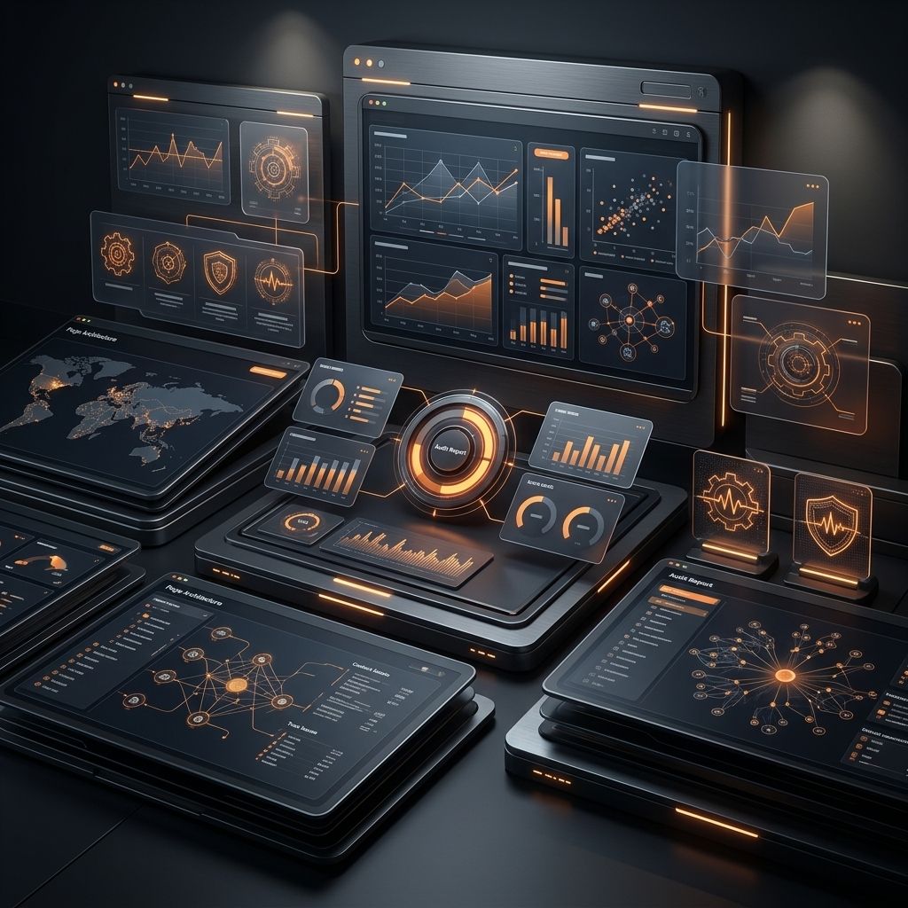 Dark website audit report dashboard with orange analytics cards and priority panels