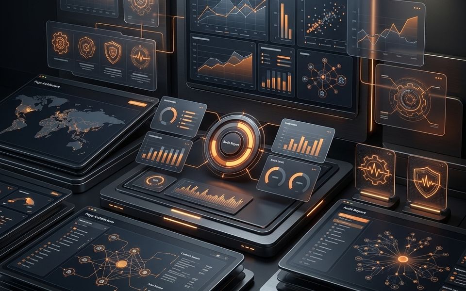 Dark website audit report dashboard with orange analytics cards and priority panels Dark website audit report dashboard with orange analytics cards and priority panels