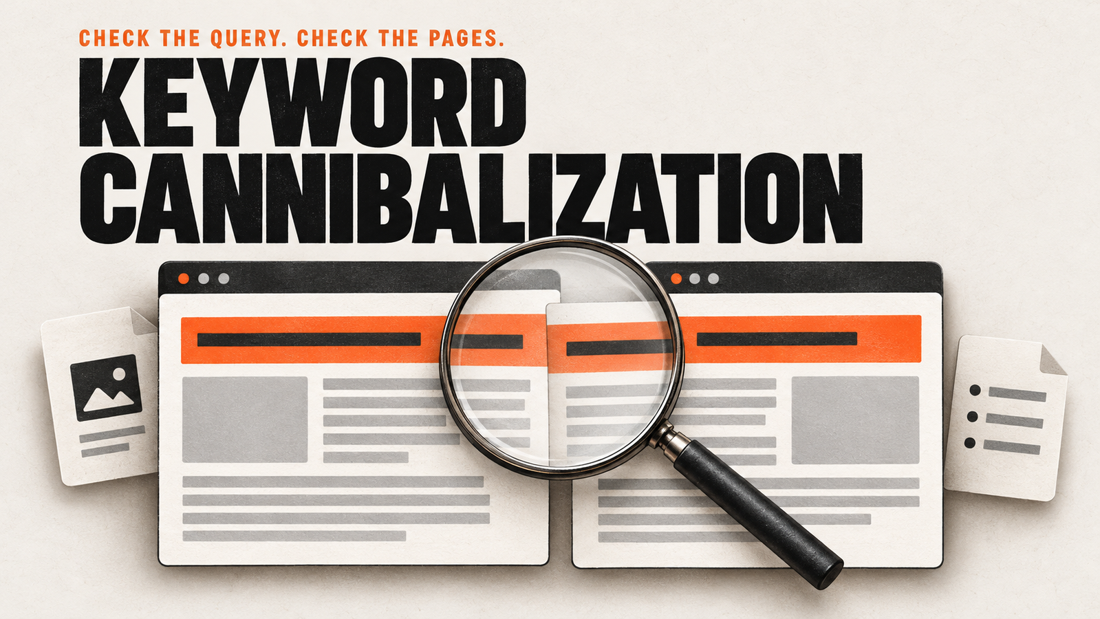 Two overlapping article pages under a magnifying glass, illustrating a keyword cannibalization investigation.