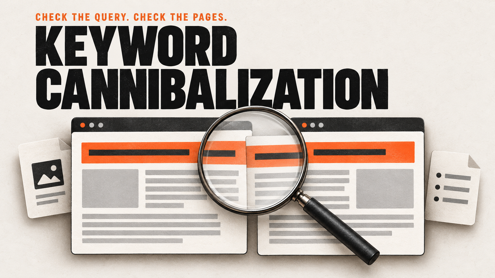 Two overlapping article pages under a magnifying glass, illustrating a keyword cannibalization investigation. Two overlapping article pages under a magnifying glass, illustrating a keyword cannibalization investigation.