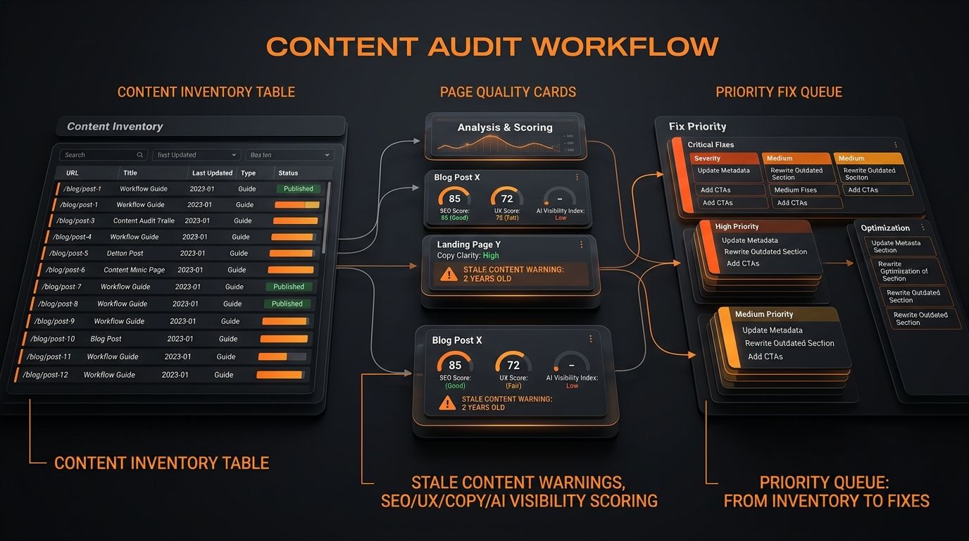 Dark SavageAudit content audit workflow dashboard showing inventory, scoring, and fix priority.