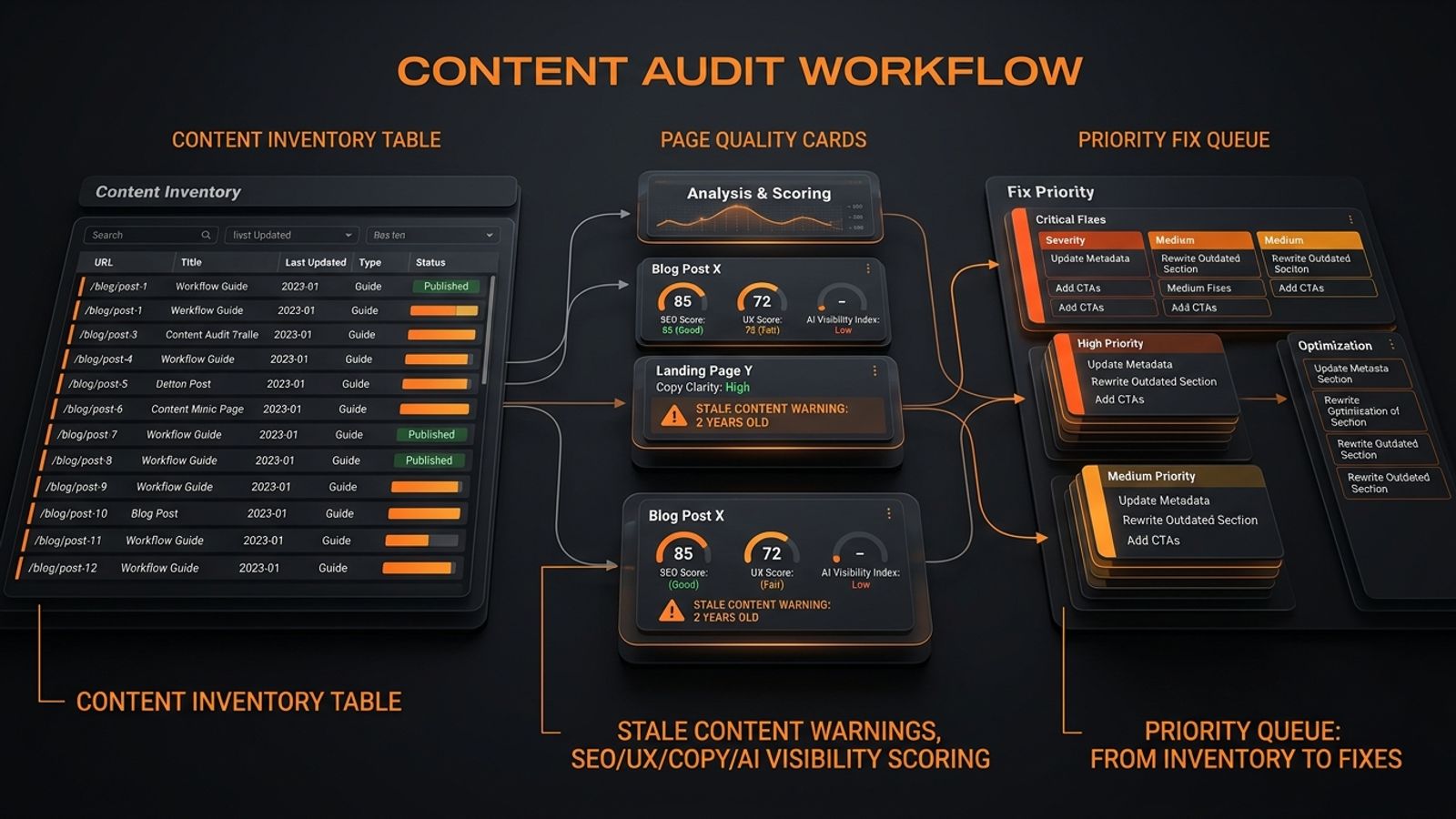 Dark SavageAudit content audit workflow dashboard showing inventory, scoring, and fix priority. Dark SavageAudit content audit workflow dashboard showing inventory, scoring, and fix priority.