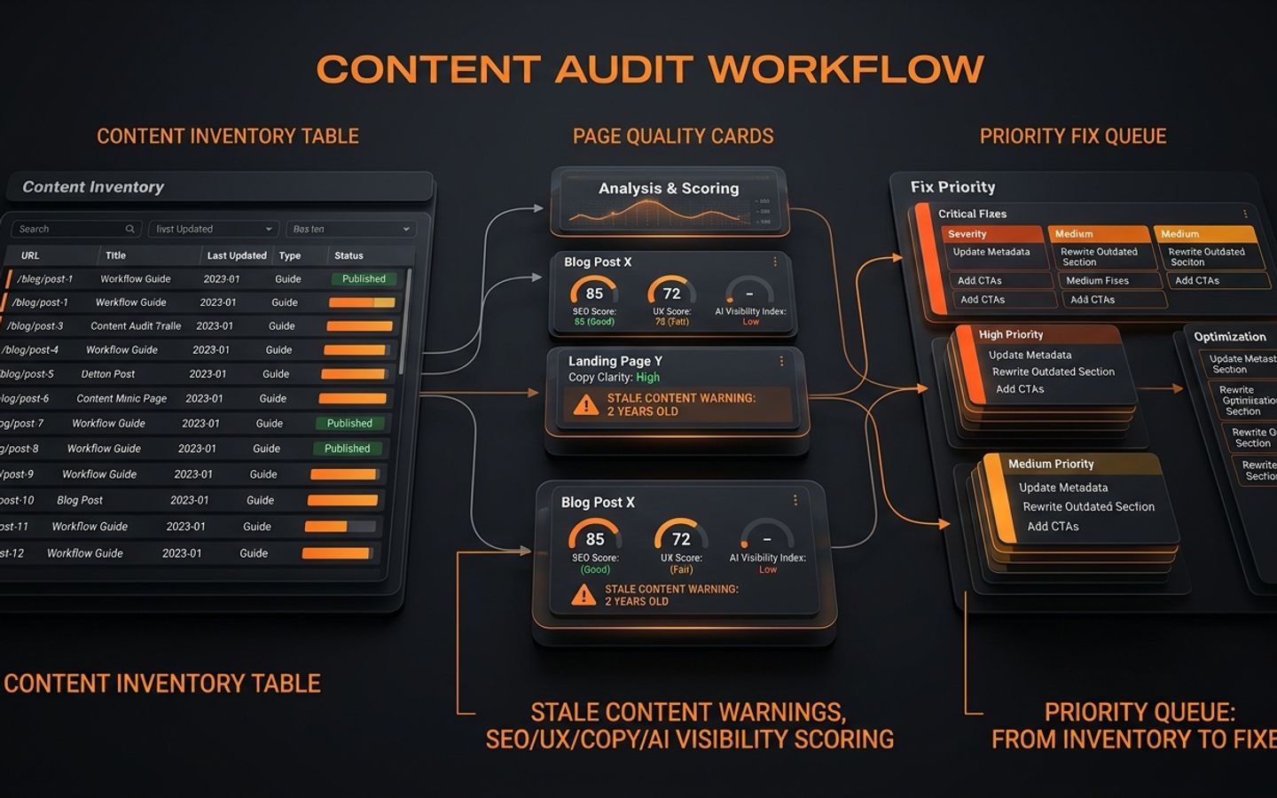 Dark SavageAudit content audit workflow dashboard showing inventory, scoring, and fix priority. Dark SavageAudit content audit workflow dashboard showing inventory, scoring, and fix priority.