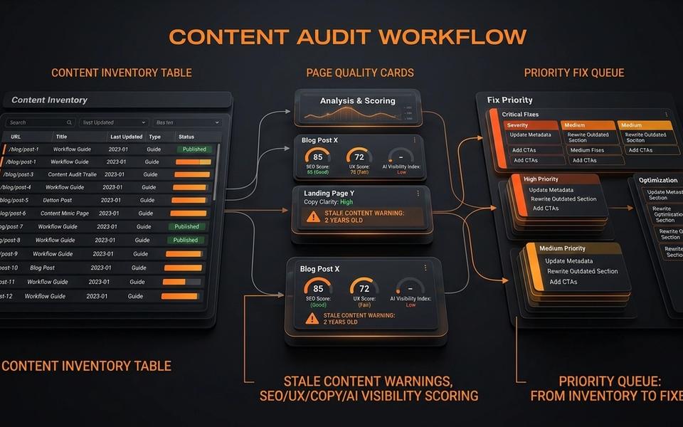 Dark SavageAudit content audit workflow dashboard showing inventory, scoring, and fix priority. Dark SavageAudit content audit workflow dashboard showing inventory, scoring, and fix priority.