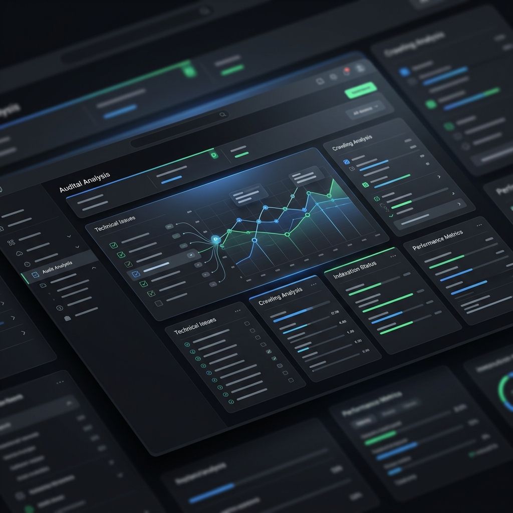 Abstract website audit dashboard showing search query data, analytics cards, and checklist elements for a Google Search Console website audit
