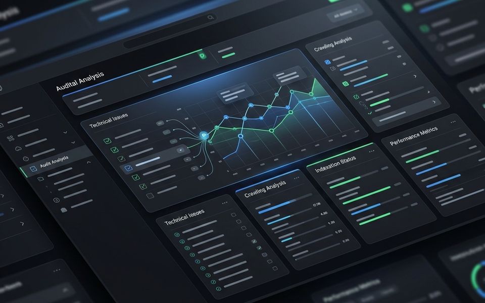 Abstract website audit dashboard showing search query data, analytics cards, and checklist elements for a Google Search Console website audit Abstract website audit dashboard showing search query data, analytics cards, and checklist elements for a Google Search Console website audit