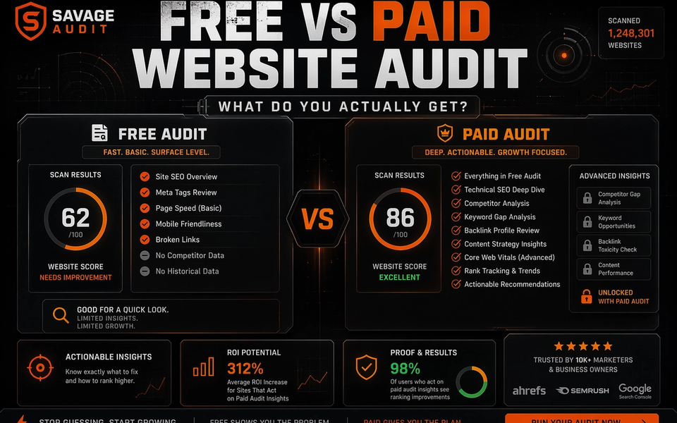 SavageAudit dashboard comparing free website audit tools versus paid website audits with SEO, UX, copy, and conversion panels. SavageAudit dashboard comparing free website audit tools versus paid website audits with SEO, UX, copy, and conversion panels.