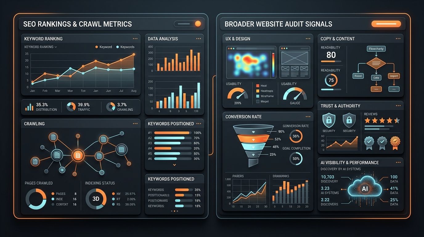 Dark SavageAudit dashboard comparing SEO audit metrics with broader website audit signals.