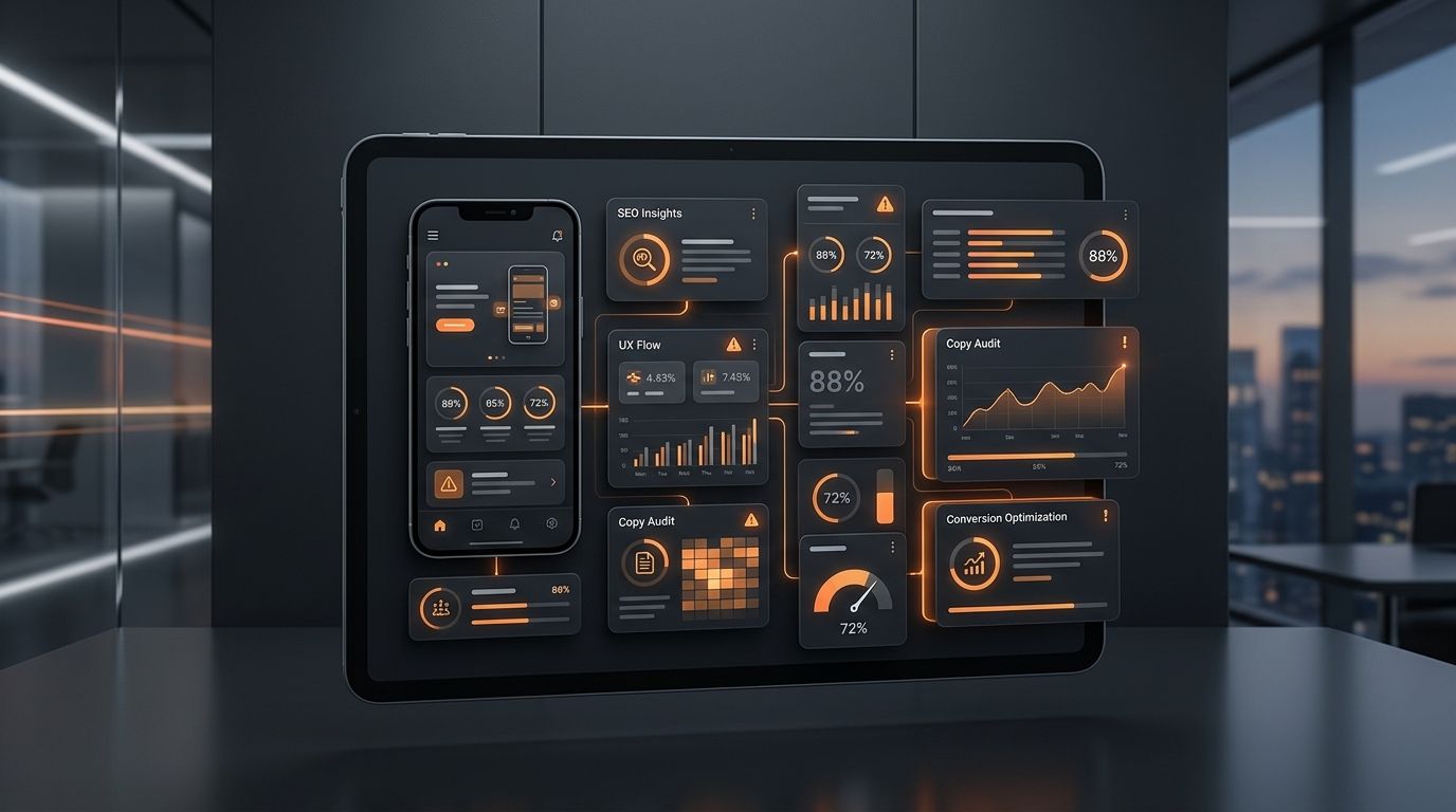 Abstract mobile website audit dashboard with orange-accented analytics panels.