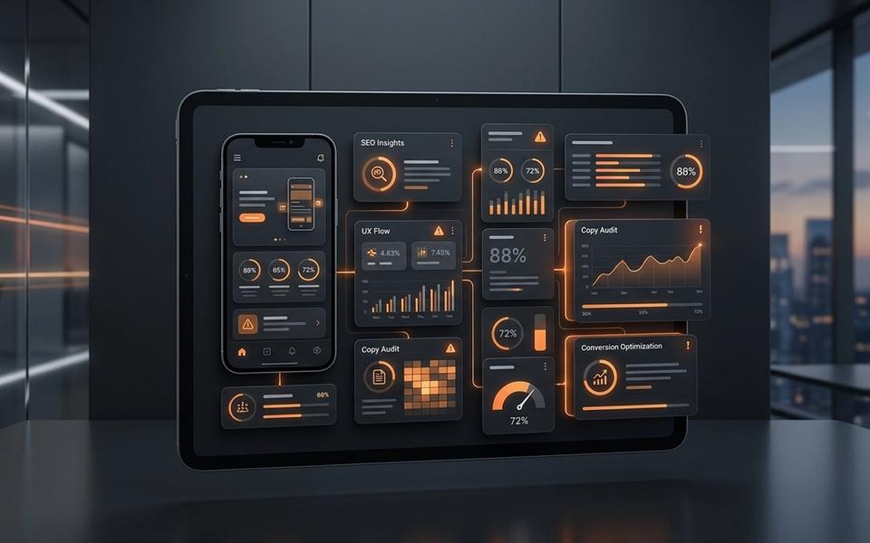 Abstract mobile website audit dashboard with orange-accented analytics panels. Abstract mobile website audit dashboard with orange-accented analytics panels.