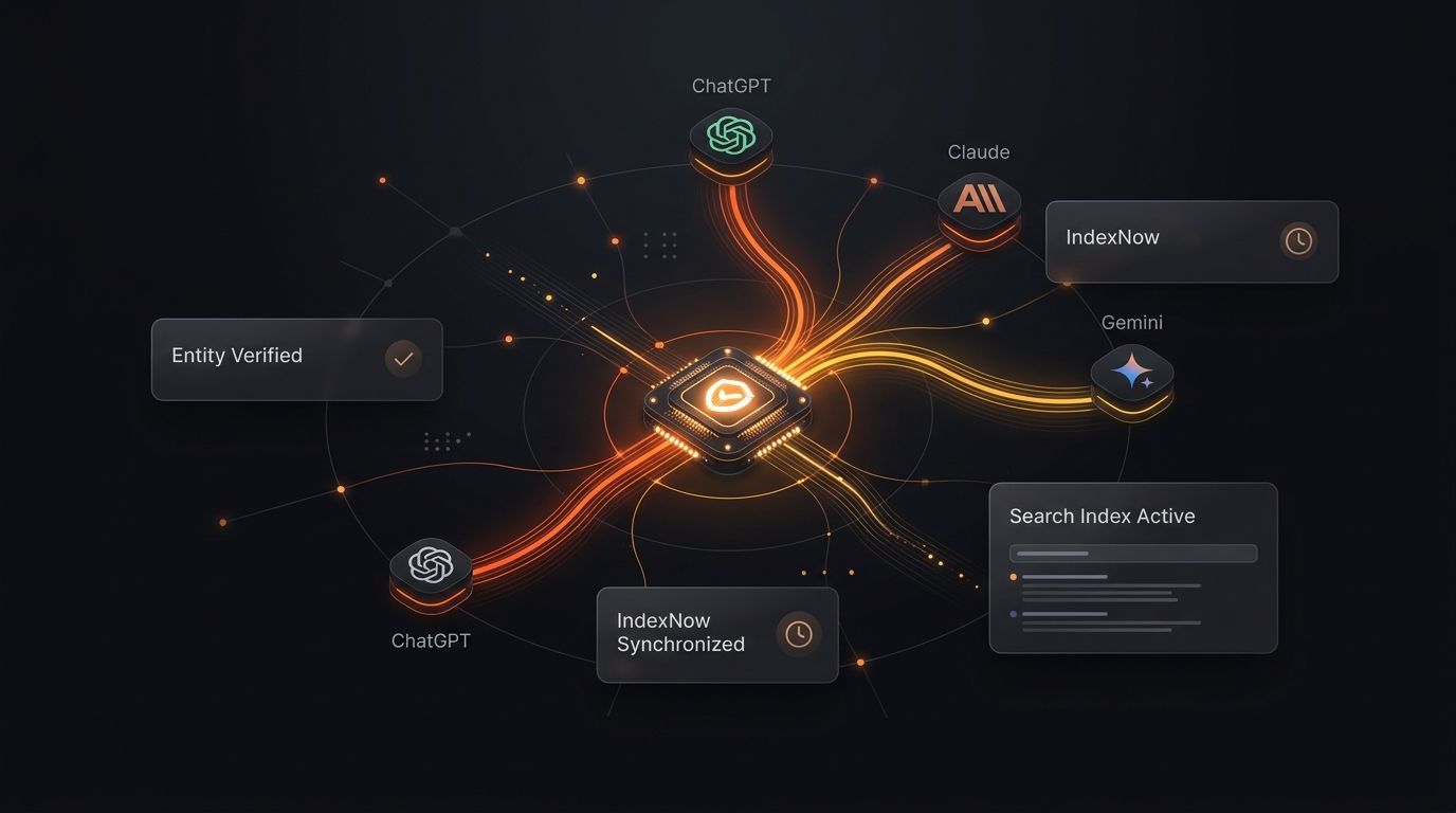 Dark minimalist dashboard showing brand registration pathways into ChatGPT, Claude, and Gemini AI search engines