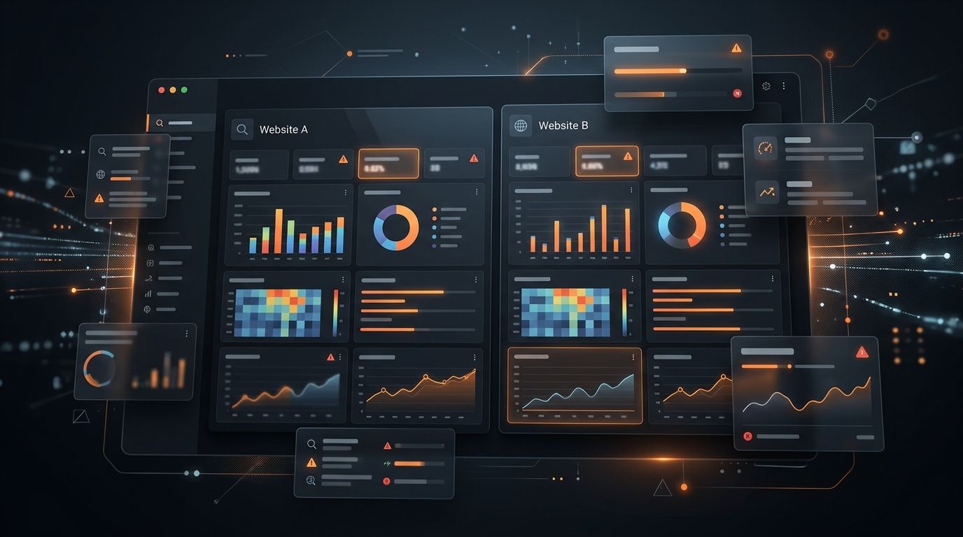 Dark website audit comparison dashboard with orange analytics panels for a SEOptimer alternative article