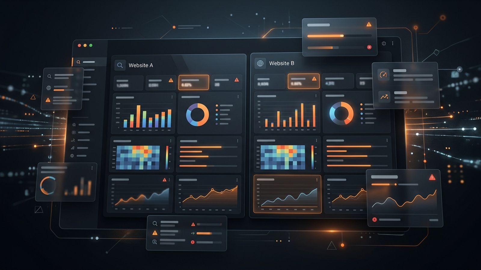 Dark website audit comparison dashboard with orange analytics panels for a SEOptimer alternative article Dark website audit comparison dashboard with orange analytics panels for a SEOptimer alternative article