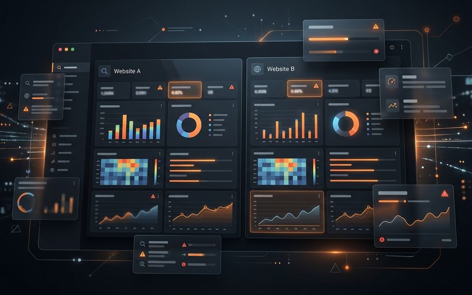 Dark website audit comparison dashboard with orange analytics panels for a SEOptimer alternative article Dark website audit comparison dashboard with orange analytics panels for a SEOptimer alternative article