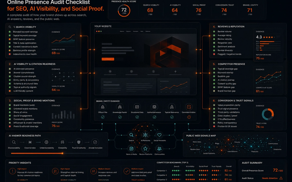 Online Presence Audit Checklist for SEO, AI Visibility, and Social Proof