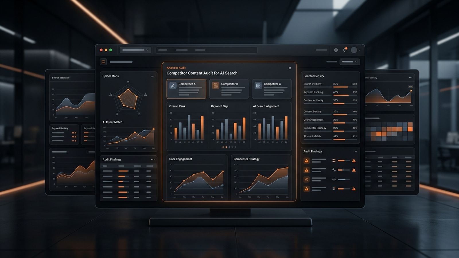 Dark AI search competitor content audit dashboard with orange analytics panels Dark AI search competitor content audit dashboard with orange analytics panels