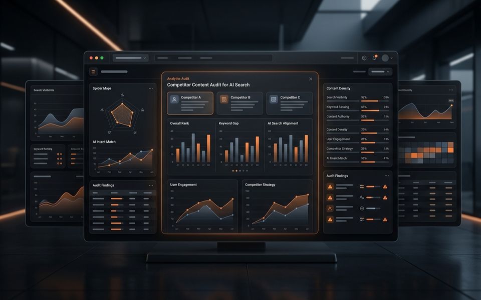 Dark AI search competitor content audit dashboard with orange analytics panels Dark AI search competitor content audit dashboard with orange analytics panels