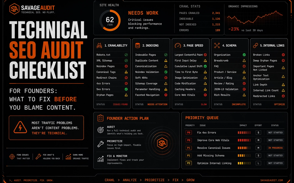 SavageAudit technical SEO audit checklist dashboard showing crawl, indexing, page speed, schema, and internal linking priority panels. SavageAudit technical SEO audit checklist dashboard showing crawl, indexing, page speed, schema, and internal linking priority panels.