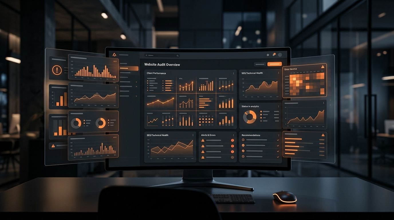 Dark abstract agency website audit dashboard with layered analytics cards and orange warning accents.