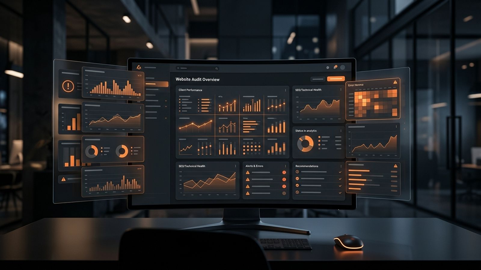 Dark abstract agency website audit dashboard with layered analytics cards and orange warning accents. Dark abstract agency website audit dashboard with layered analytics cards and orange warning accents.