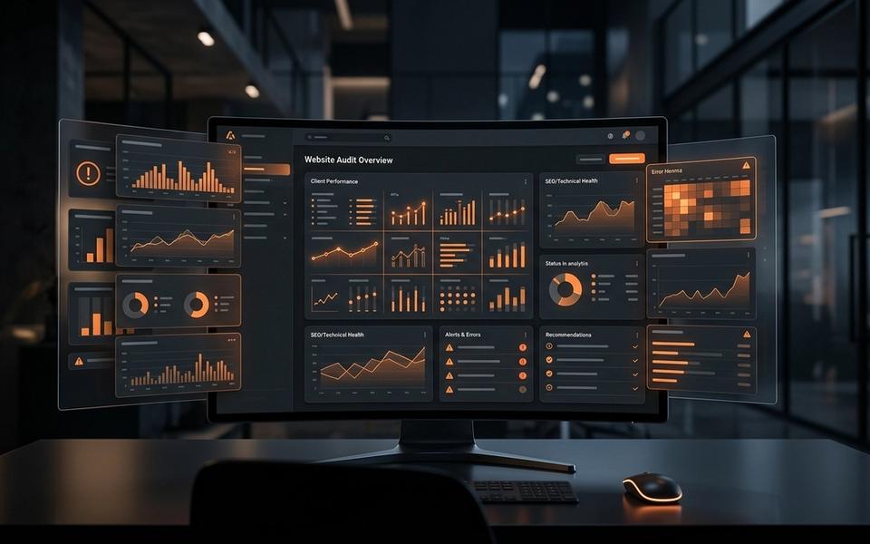 Dark abstract agency website audit dashboard with layered analytics cards and orange warning accents. Dark abstract agency website audit dashboard with layered analytics cards and orange warning accents.