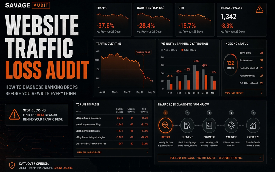 SavageAudit traffic loss audit dashboard showing ranking drops, CTR loss, indexing warnings, and page-level diagnostic panels. SavageAudit traffic loss audit dashboard showing ranking drops, CTR loss, indexing warnings, and page-level diagnostic panels.