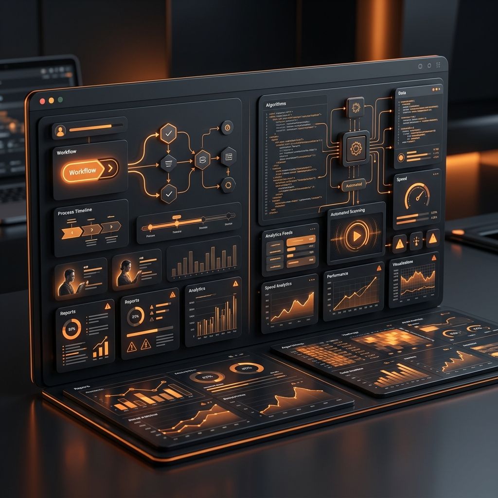 Dark content audit comparison dashboard with orange analytics panels and decision workflow cards