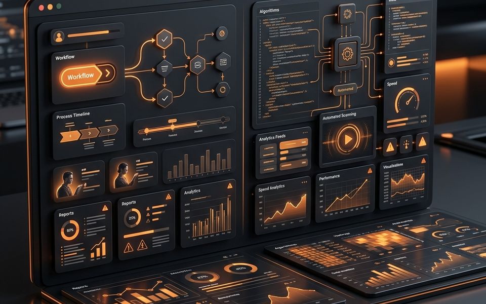 Dark content audit comparison dashboard with orange analytics panels and decision workflow cards Dark content audit comparison dashboard with orange analytics panels and decision workflow cards