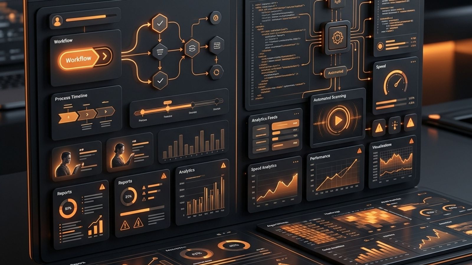 Dark content audit comparison dashboard with orange analytics panels and decision workflow cards Dark content audit comparison dashboard with orange analytics panels and decision workflow cards