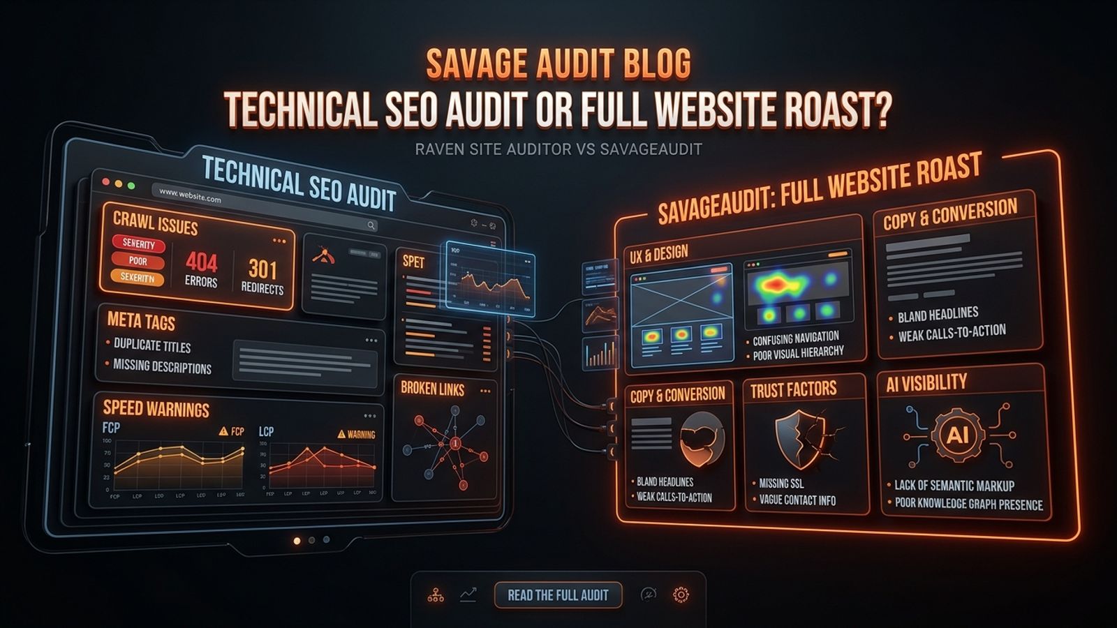 Dark orange technical dashboard showing SEO crawl issues beside broader SavageAudit roast panels. Dark orange technical dashboard showing SEO crawl issues beside broader SavageAudit roast panels.