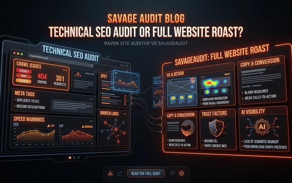Dark orange technical dashboard showing SEO crawl issues beside broader SavageAudit roast panels. Dark orange technical dashboard showing SEO crawl issues beside broader SavageAudit roast panels.