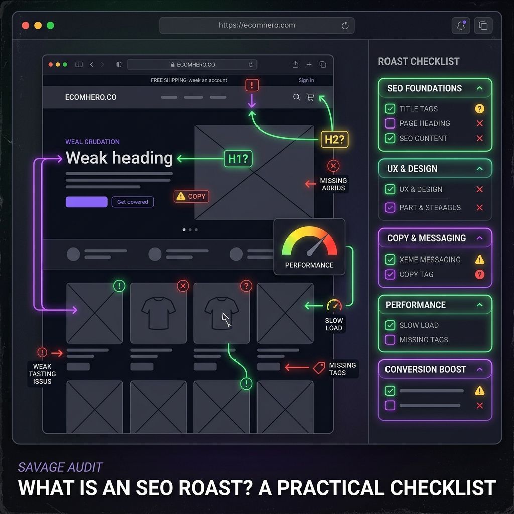 SEO roast dashboard critiquing a website across SEO, UX, copy, trust, performance, and conversion