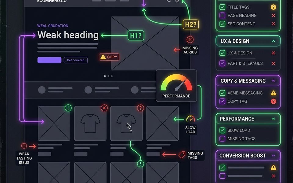 SEO roast dashboard critiquing a website across SEO, UX, copy, trust, performance, and conversion SEO roast dashboard critiquing a website across SEO, UX, copy, trust, performance, and conversion