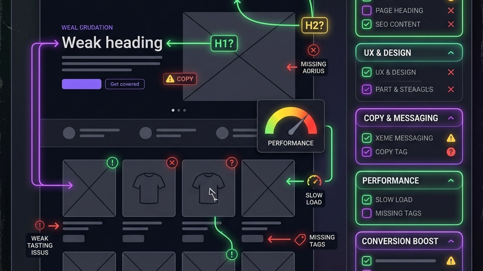 SEO roast dashboard critiquing a website across SEO, UX, copy, trust, performance, and conversion SEO roast dashboard critiquing a website across SEO, UX, copy, trust, performance, and conversion