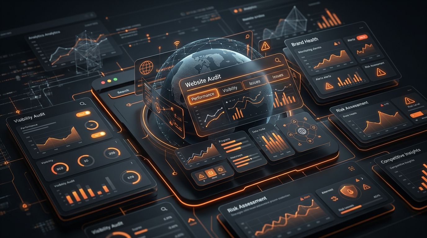 Abstract dark AI visibility audit dashboard with orange analytics panels for comparing monitoring tools and audit diagnostics.