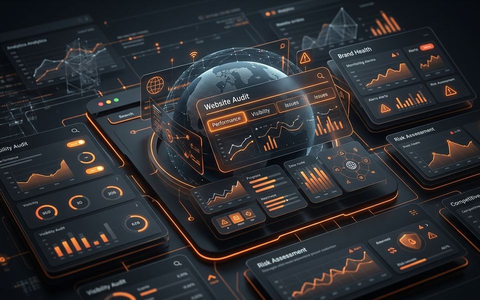 Abstract dark AI visibility audit dashboard with orange analytics panels for comparing monitoring tools and audit diagnostics. Abstract dark AI visibility audit dashboard with orange analytics panels for comparing monitoring tools and audit diagnostics.
