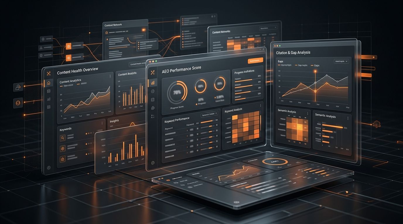 Dark abstract AEO content audit dashboard with orange analytics panels and citation gap indicators