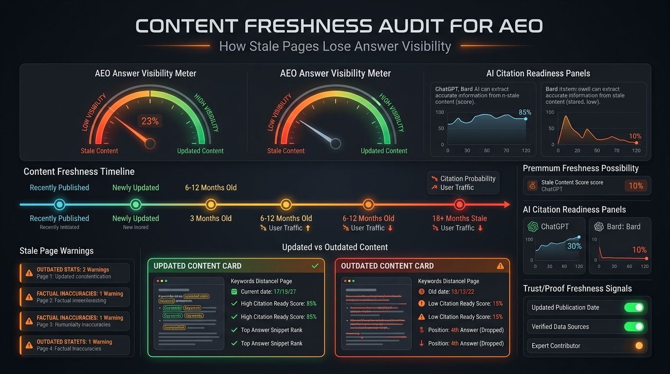Dark SavageAudit dashboard showing content freshness, AEO answer visibility, and stale page warnings.