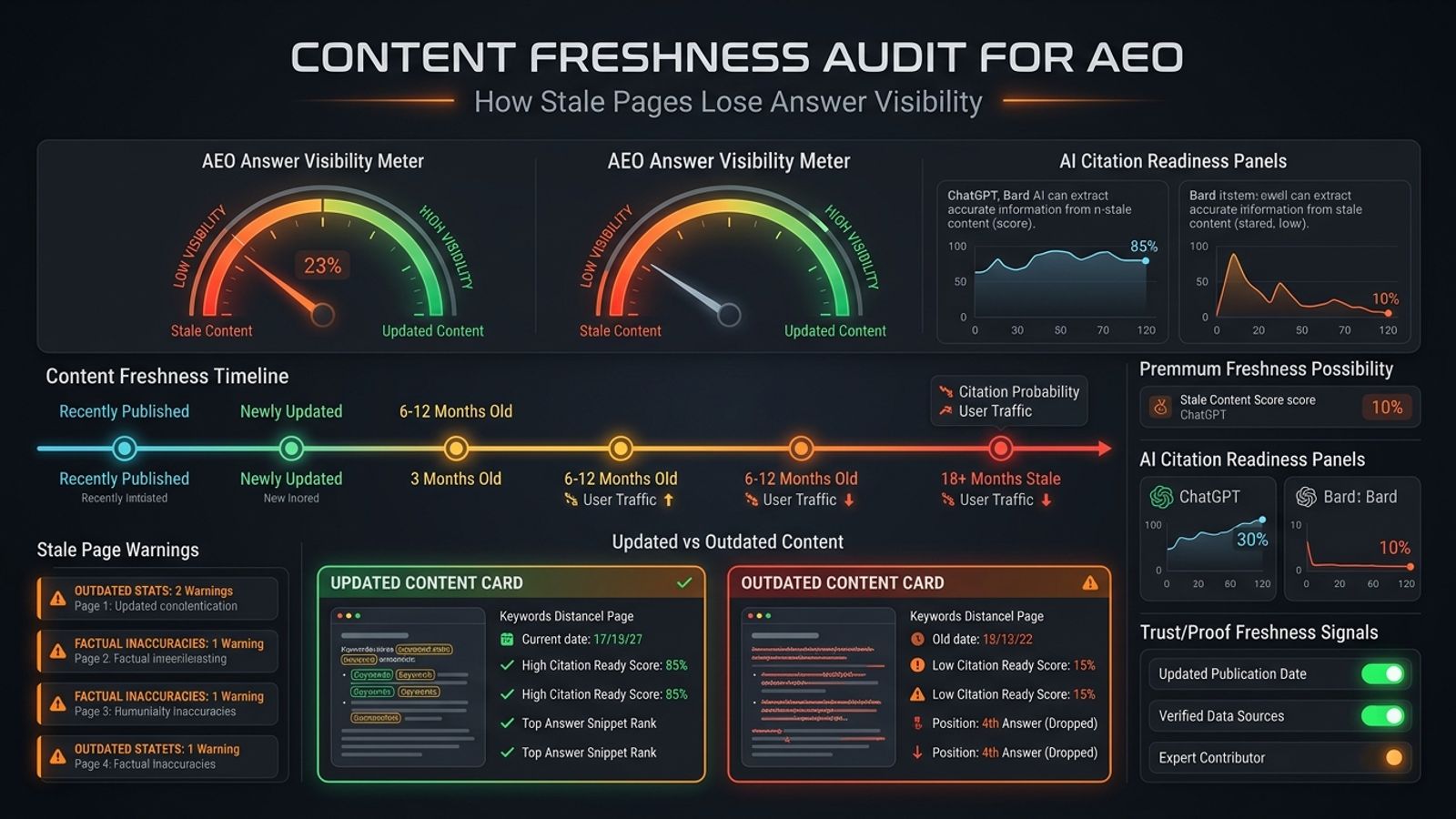 Dark SavageAudit dashboard showing content freshness, AEO answer visibility, and stale page warnings. Dark SavageAudit dashboard showing content freshness, AEO answer visibility, and stale page warnings.
