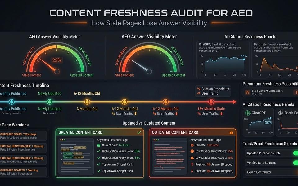 Dark SavageAudit dashboard showing content freshness, AEO answer visibility, and stale page warnings. Dark SavageAudit dashboard showing content freshness, AEO answer visibility, and stale page warnings.