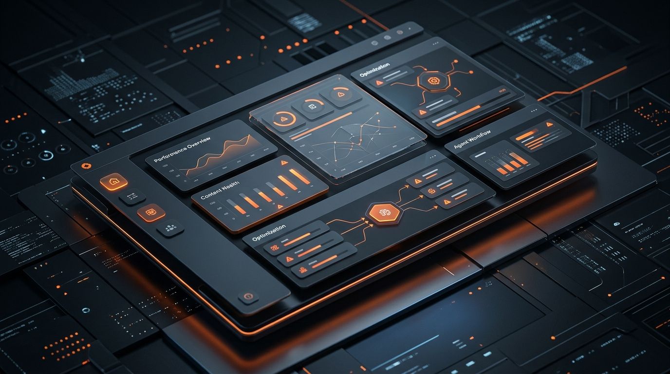 Dark SaaS-style content audit dashboard with orange analytics panels for agency website audits