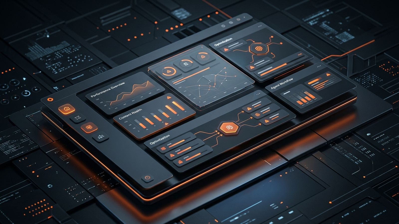Dark SaaS-style content audit dashboard with orange analytics panels for agency website audits Dark SaaS-style content audit dashboard with orange analytics panels for agency website audits